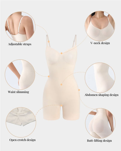 Seamless V-Neck Mid Thigh Shapewear Bodysuit